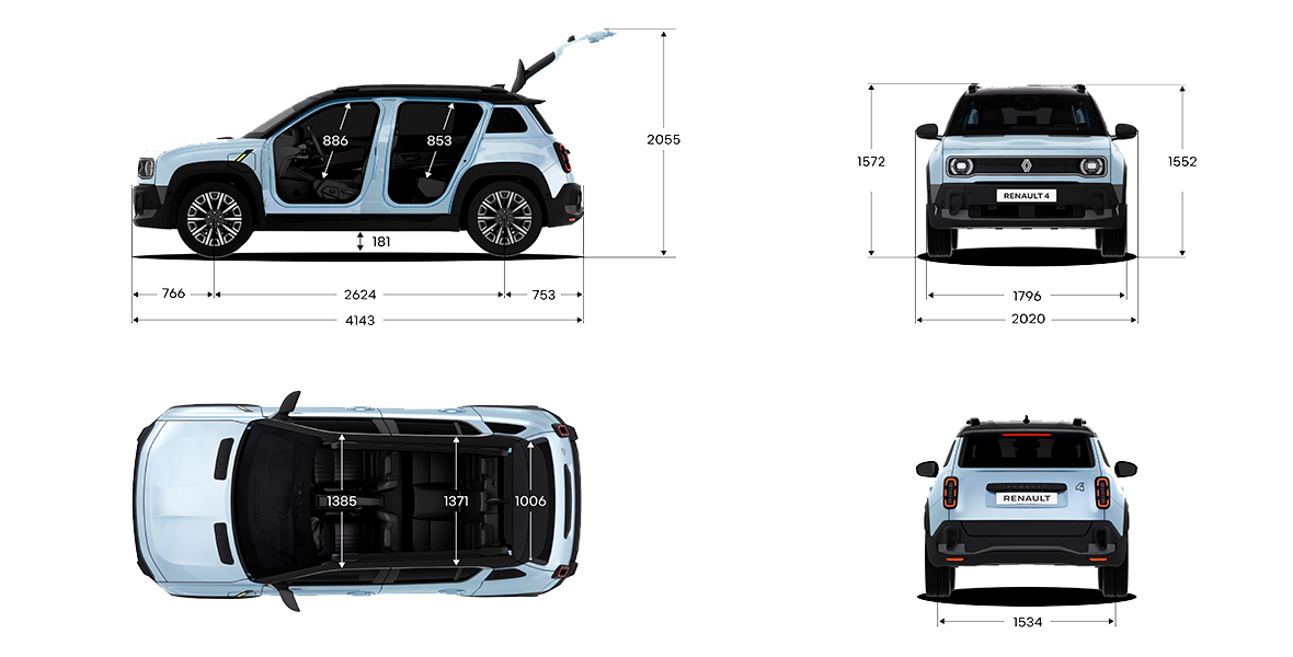 Renault 4 mallin mittakuva, josta käy ilmi auton ulko- ja sisämittoja.