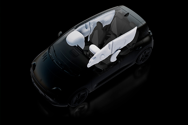 Renault Twingon turvatyynyt korostettuna mustaa koria vasten.