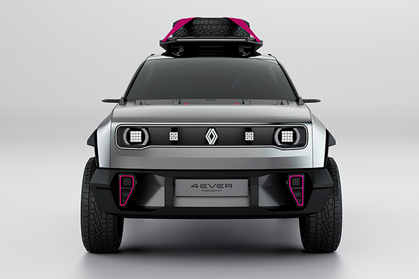 Harmaan värinen Renault 4Ever Trophy -konseptiauto suoraan edestä kuvattuna vaalean harmaalla taustalla.