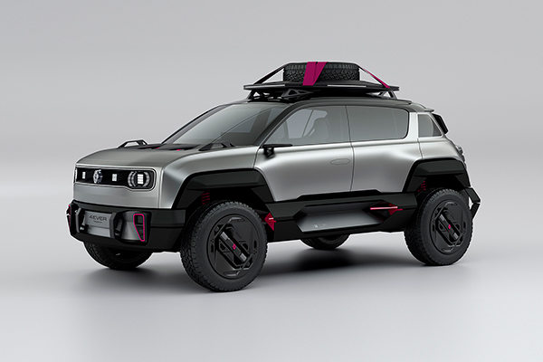 Renault 4Ever Trophy -konseptiauto viistosti sivusta kuvattuna keula kohti vasenta reunaa.