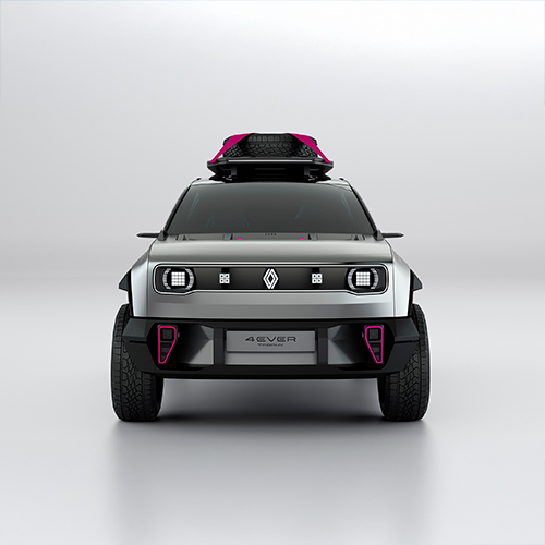 Harmaan värinen Renault 4Ever Trophy -konseptiauto suoraan edestä kuvattuna vaalean harmaalla taustalla.