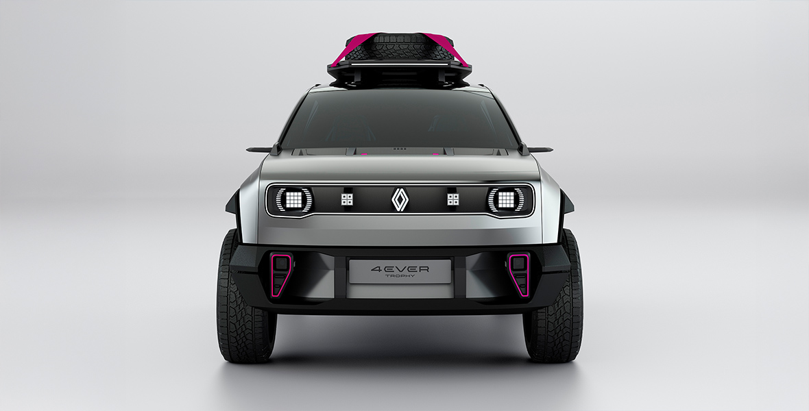 Harmaan värinen Renault 4Ever Trophy -konseptiauto suoraan edestä kuvattuna vaalean harmaalla taustalla.
